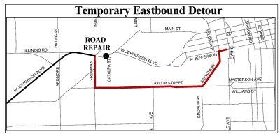 Map of temporary Jefferson Boulevard traffic detour. Courtesy image.