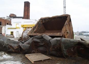 One of the boilers taken out of the Olds Wagon Works which is currently being demolished.