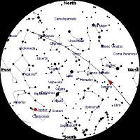 A sky chart showing Tuesday's path of shuttle and station across the Fort Wayne sky. Image courtesy of heavens-above.com