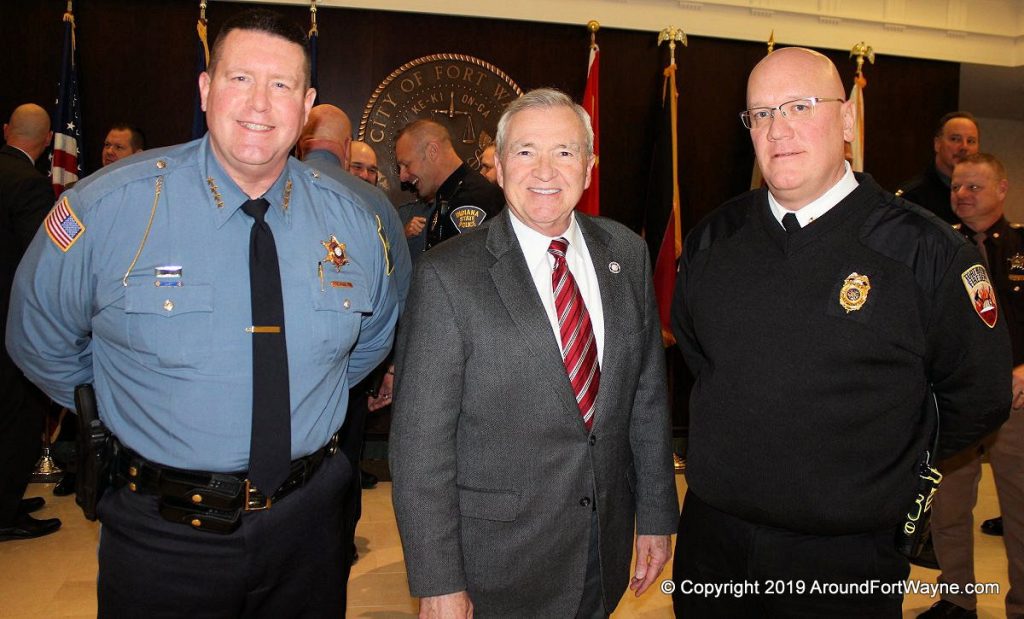 FWPD Chief Steve Reed, Fort Wayne Mayor Tom Henry, and FWFD Chief Eric Lahey